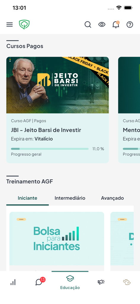 AGF App - Educational section of the AGF app showing investment courses and training modules for beginners.