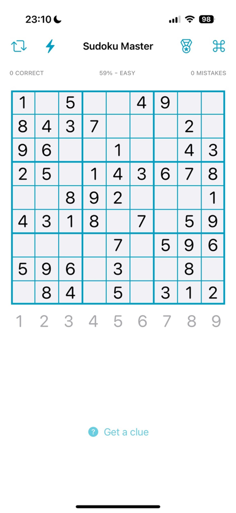 Gameplay screen of Sudoku Master showing a partially completed easy level puzzle
