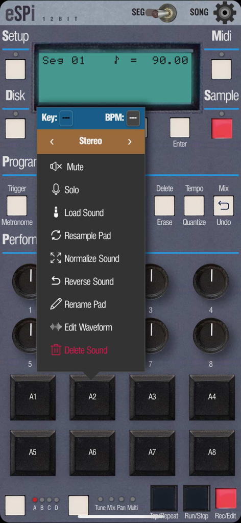 eSPi - Interfaccia dell'app di produzione musicale eSPi con pad del campionatore e menu di editing