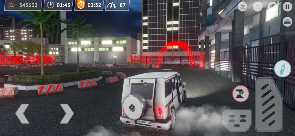 Driving Zone - A white SUV drifting in a city environment at night with tire smoke and neon markers in Driving Zone