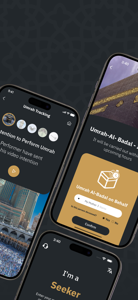 Telas do aplicativo Tawkeel para rastreamento e solicitação de serviços de Umrah Al Badal