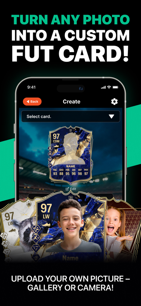 FC 26 FUT Card Creator - A mobile app interface showing how to turn personal photos into custom FUT football cards