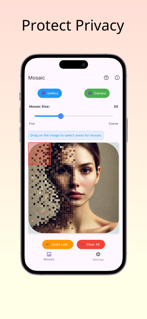 Mosaic - Mosaic Photo Editor - Interface of the Mosaic Photo Editor app showing a portrait with a pixelated mosaic effect being applied to half of a woman's face.
