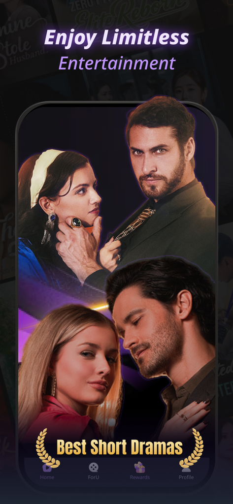 ReelyGo - Stream Short Dramas - A promotional screen for ReelyGo showing dramatic romance movie posters and the text Enjoy Limitless Entertainment