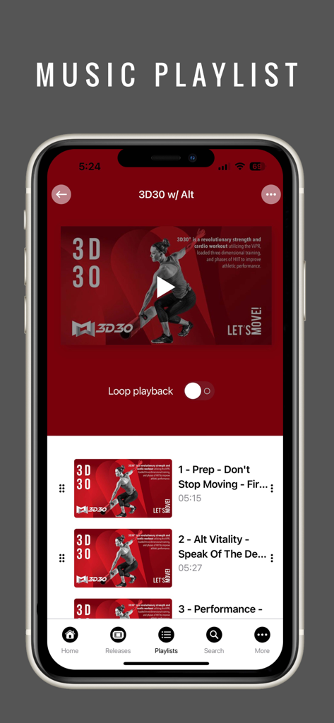 MOSSA GO - MOSSA GO app interface showing a fitness music playlist for professional gym instructors.