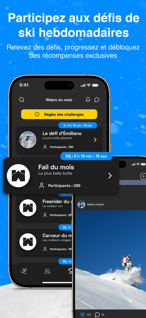 Winter Mate - Interface of the Winter Mate app showing weekly ski challenges and a video of a skier on a snowy slope