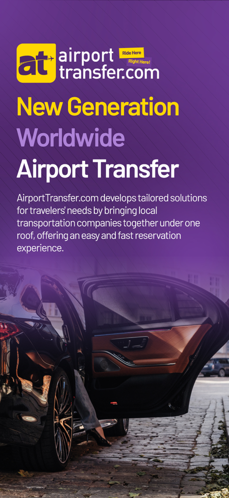 AirportTransfer.com - 世界中の空港交通サービスのためのAirportTransferアプリのプロモーション画面、高級車付き