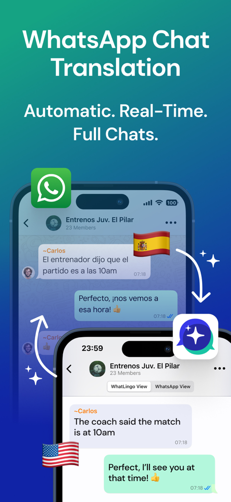 Captura de pantalla de la aplicación WhatLingo que muestra la traducción automática en tiempo real de mensajes de WhatsApp del español al inglés
