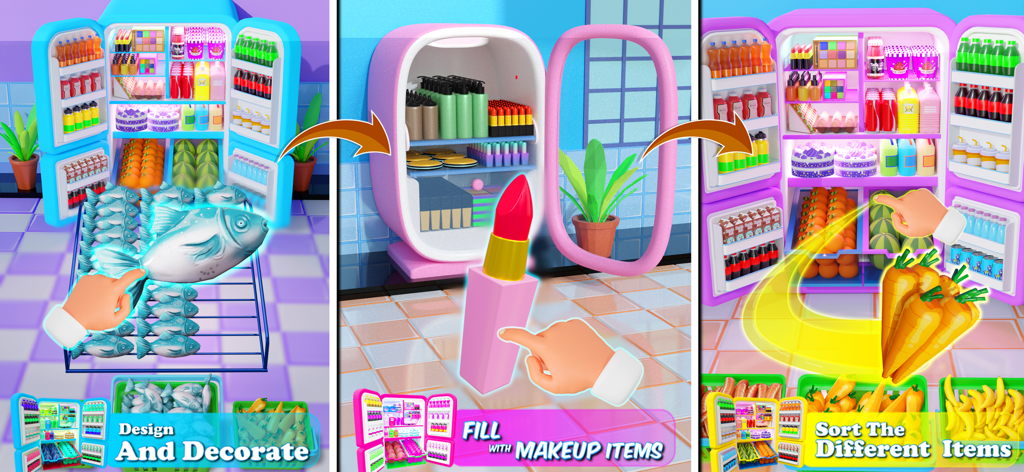 Capturas de pantalla del juego Fill the Fridge Organizer mostrando reabastecimiento y clasificación de comestibles y artículos de maquillaje en un formato de rompecabezas satisfactorio.