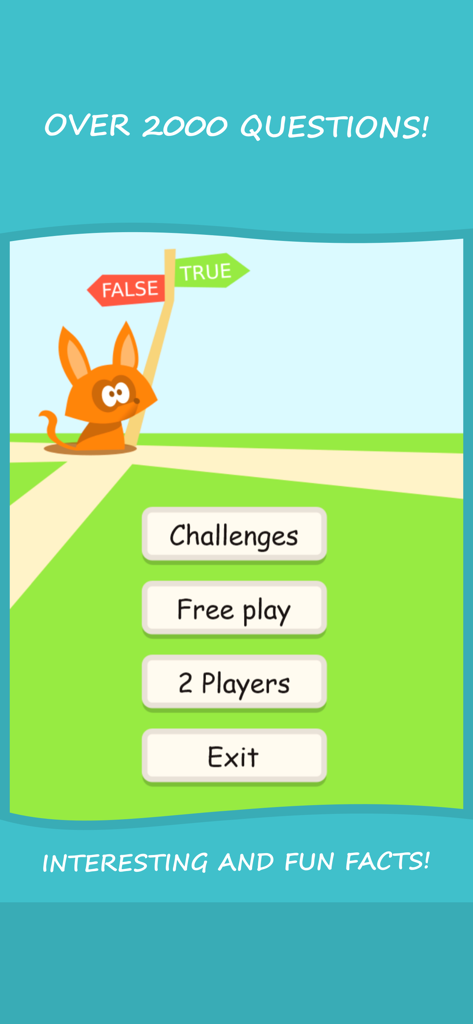 True or False? Trivia Quiz - Pantalla del menú principal de la aplicación Juego de Preguntas Verdadero o Falso mostrando modos de juego y un zorro de dibujos animados.