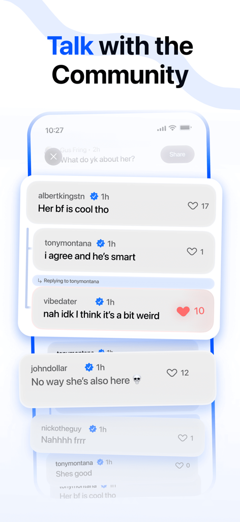 Interfaccia di un'app mobile che mostra commenti anonimi della community e discussioni sugli appuntamenti sotto l'intestazione Parla con la Community