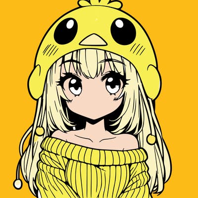 anime girl with chick shaped hat with sweater with bare shoulders with bangs covering them one eye with low tail