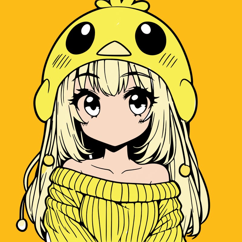 anime girl with chick shaped hat with sweater with bare shoulders with bangs covering them one eye with low tail