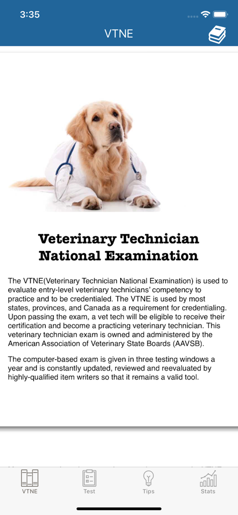 Introduction screen of the VTNE exam prep app featuring a dog in a white lab coat with a stethoscope