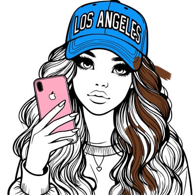 realistic beautiful girl wearing los ángeles cap holding an iphone