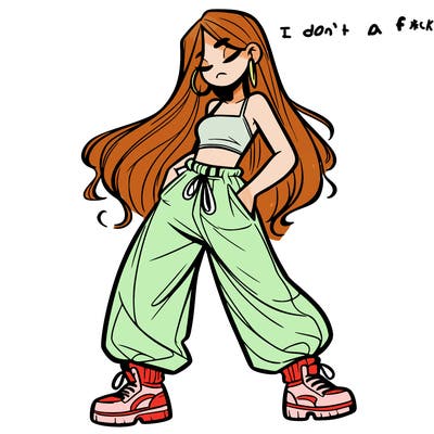 girl in baggy pants crop top and long hair