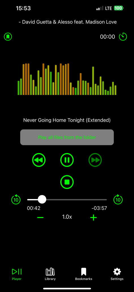 Player for Audiobooks & Music - Interfaz del reproductor de audio con visualizador de forma de onda y controles de reproducción.