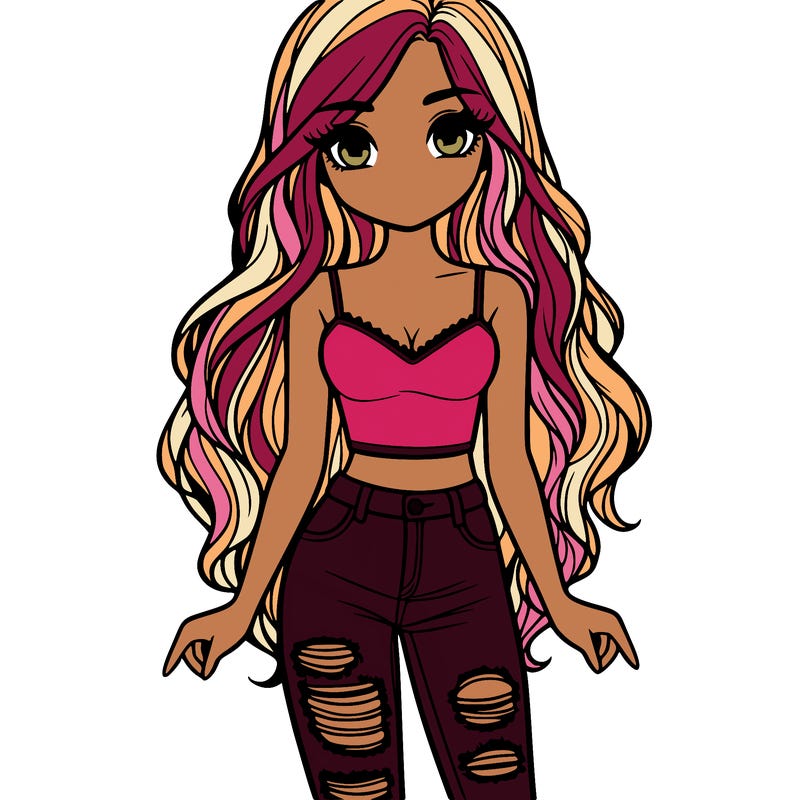 person with beautiful long hair and tank top with ripped jeans