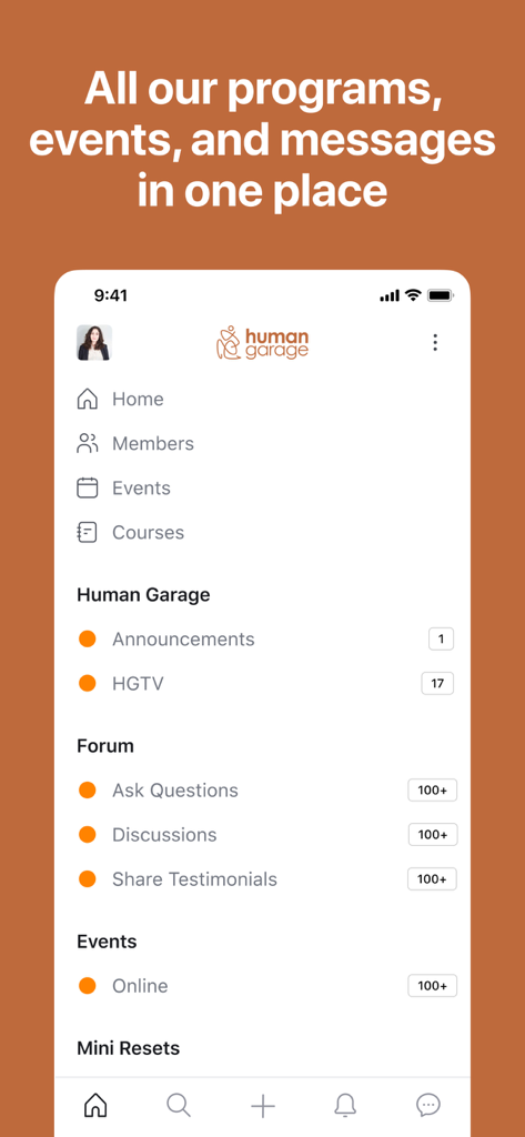 Human Garage - Main menu of the Human Garage app showing sections for programs events and community discussions