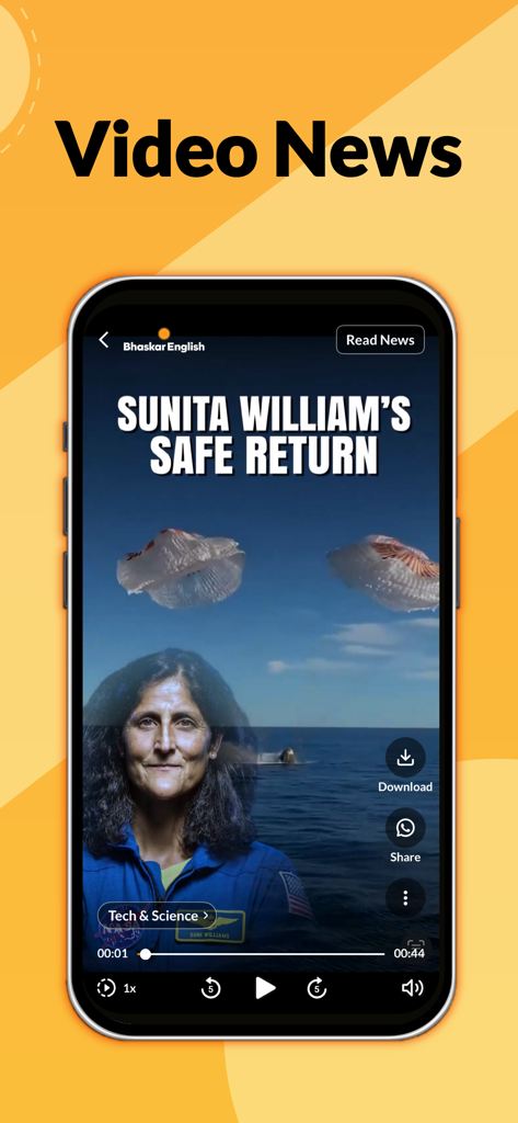 English News by Dainik Bhaskar - A mobile screen showing the Video News feature of the Dainik Bhaskar English News app with a report on Sunita Williams
