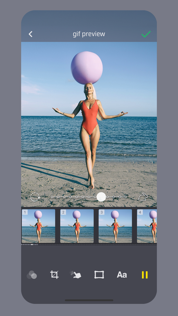 Giffer Pro GIF Maker - Interfaz de la aplicación Giffer Pro mostrando una vista previa de GIF de una mujer en la playa con una línea de tiempo de fotogramas y un control deslizante de ajuste de velocidad.