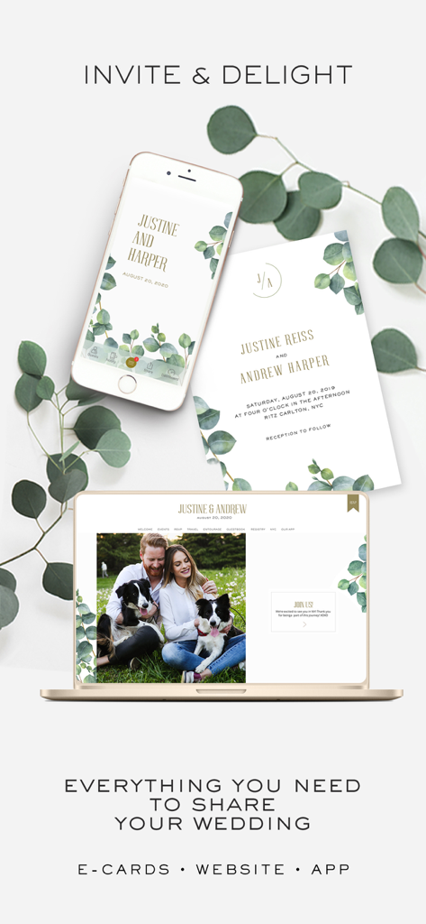 Appy Couple Wedding App - Un sito web di app per matrimoni e una suite di inviti digitali con un design botanico visualizzato su uno smartphone, laptop e cartolina stampata.