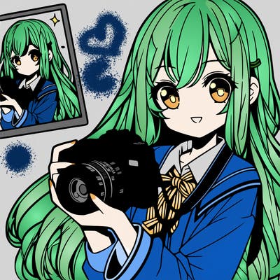 anime girl with long hair and holding a camera