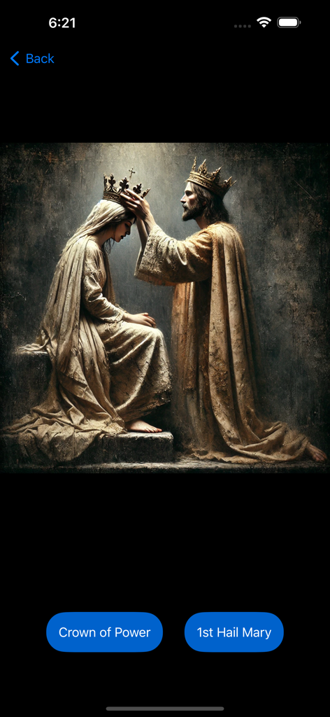 Little Crown of Mary - Religious painting of Jesus crowning Mary within the Little Crown of Mary app interface