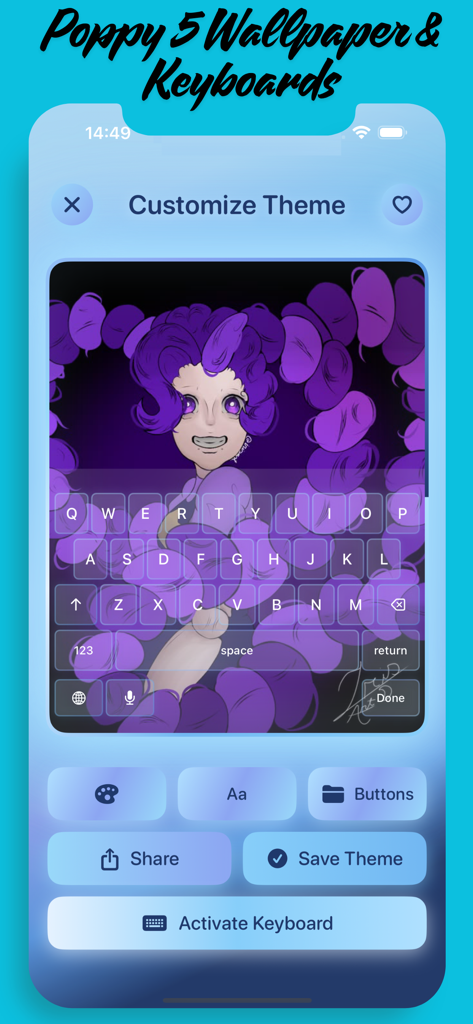 Interfaz para personalizar un tema de teclado de personaje morado en la aplicación Fondos de Pantalla y Teclados de Poppy 5.