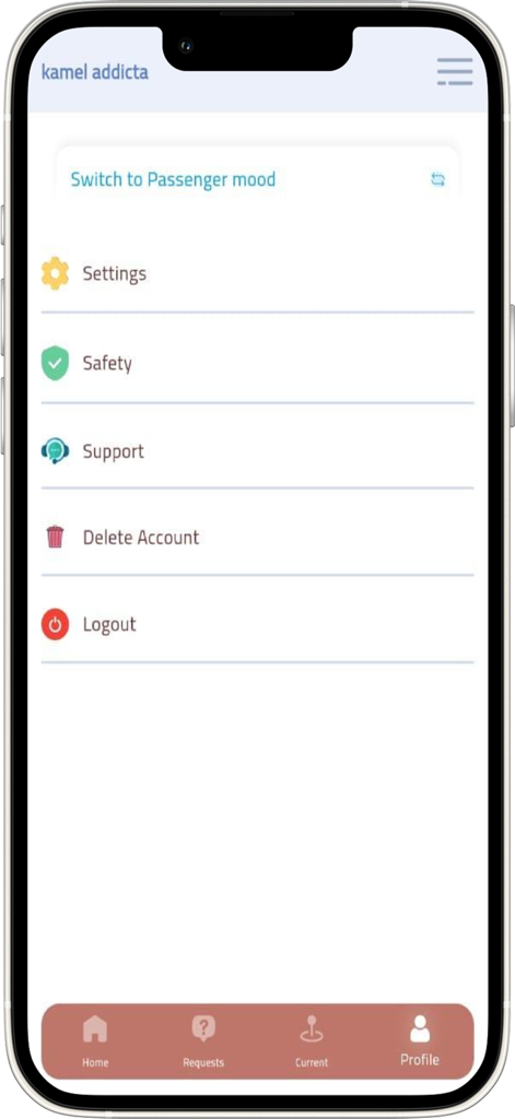 Dog Drive - Menú de configuración de perfil en la aplicación Dog Drive que muestra opciones de soporte de seguridad y gestión de cuenta