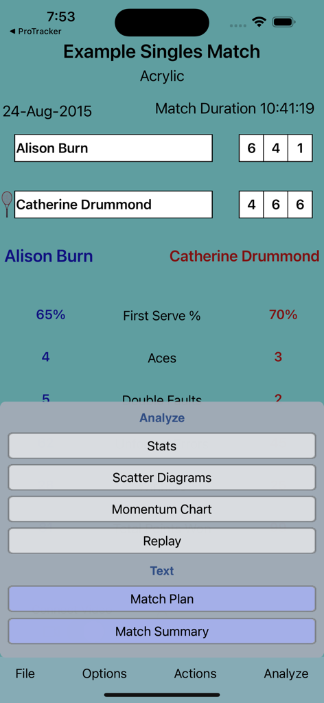 ProTracker Tennis - Tennis match statistics and analysis menu in the ProTracker Tennis app