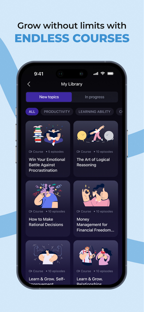 A smartphone screen displaying the Wisey app library with various personal growth courses.
