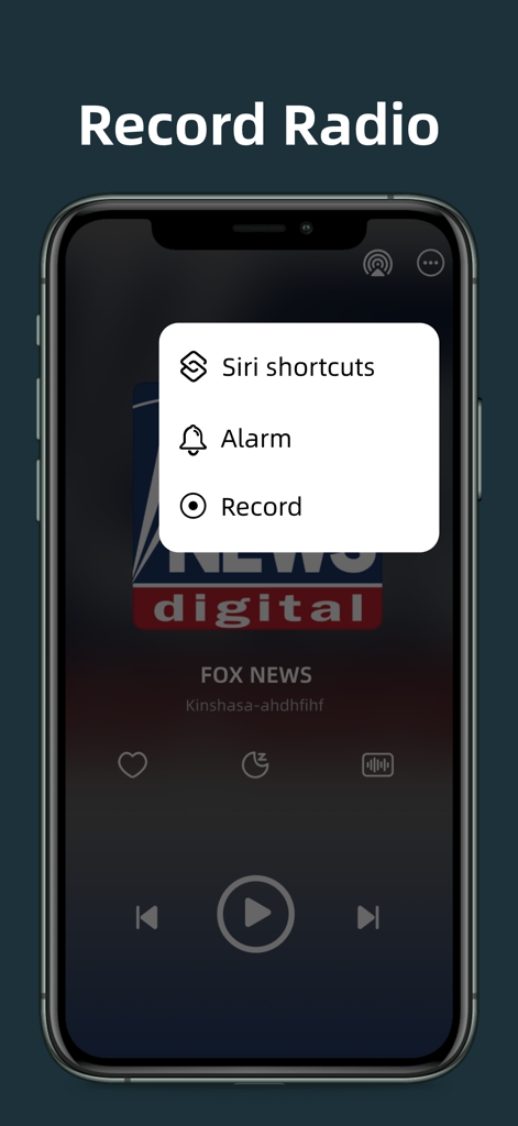 Interface do aplicativo Sintonizador de Rádio FM mostrando opções de gravação de rádio, incluindo atalhos da Siri e alarme