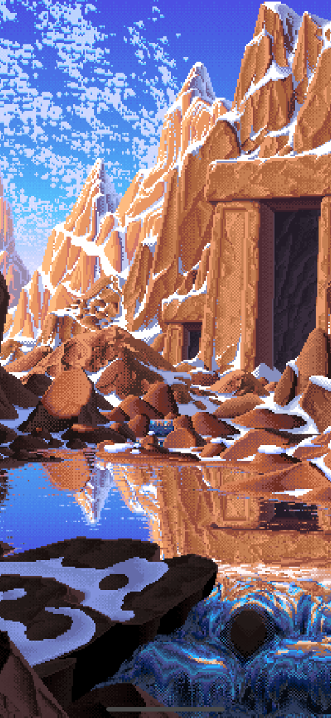 Living Worlds - Mark Ferrari - A serene pixel art landscape featuring snow-capped mountains reflecting in a blue lake with a waterfall