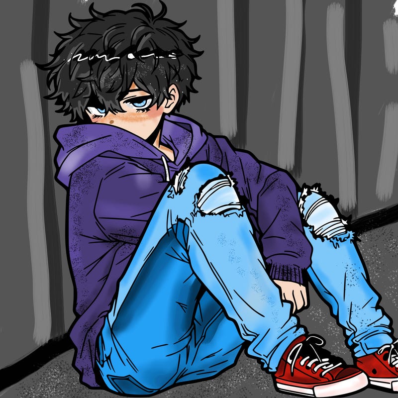 a male hoddie ripped jeans messy hair anime
