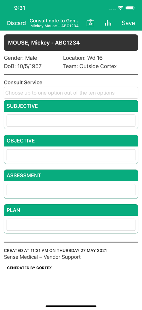 A digital clinical SOAP note interface in the Cortex app with sections for Subjective, Objective, Assessment, and Plan.