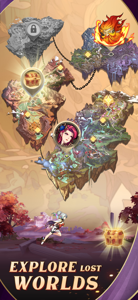 Mythic Heroes: Idle RPG - Mythic Heroes idle RPG world map showing floating islands treasure chests and characters with text Explore Lost Worlds