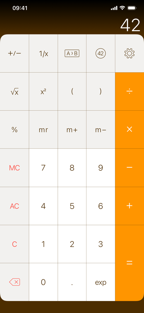PCalc Lite - Interface of PCalc Lite scientific calculator featuring a clean layout with white and orange buttons.