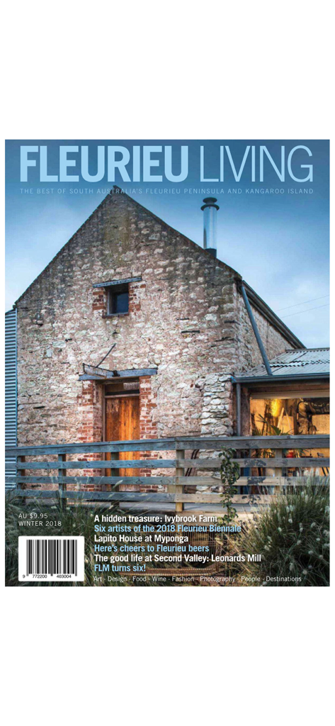 Copertina digitale di Fleurieu Living Magazine con una casa di campagna rustica australiana.