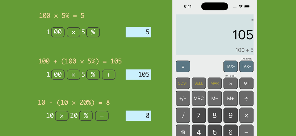 Simple Calculator. + - Uma interface de aplicativo de calculadora profissional mostrando cálculos de negócios para porcentagens e impostos em uma tela de iPhone