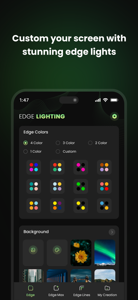 EDGE Lighting -LED Borderlight - iPhone screen showing the edge lighting app interface with color presets and background wallpaper selection