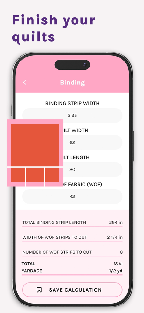 Quilt Geek Quilting Calculator - Quilt Geek app interface showing a binding calculator for calculating fabric yardage and strip measurements