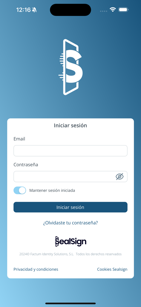 SealSign - SealSign mobile application login interface for secure electronic document signatures