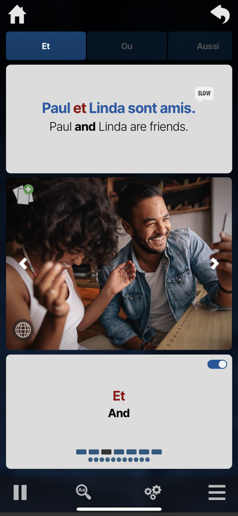 OUINO French (members only) - A screenshot of the OUINO French app showing a grammar lesson for the word et with a sample sentence and audio pronunciation features.
