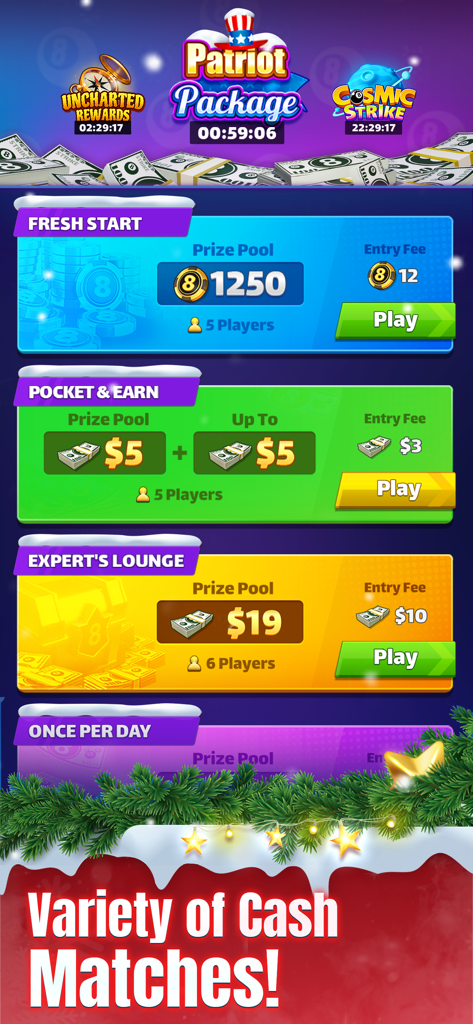 8 Ball Strike: Win Real Cash - Menú que muestra varios tipos de torneos de billar con diferentes premios en efectivo y tarifas de inscripción en 8 Ball Strike.