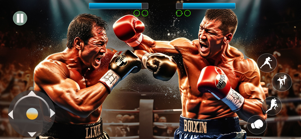 Boxing Games : Boxing Fight 3D - Dos boxeadores peleando en un ring profesional con gráficos 3D realistas y controles de juego móvil.