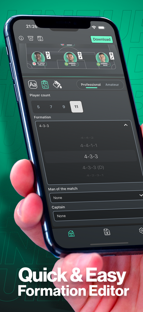 Lineup Builder app interface showing a quick and easy formation editor for soccer tactics.