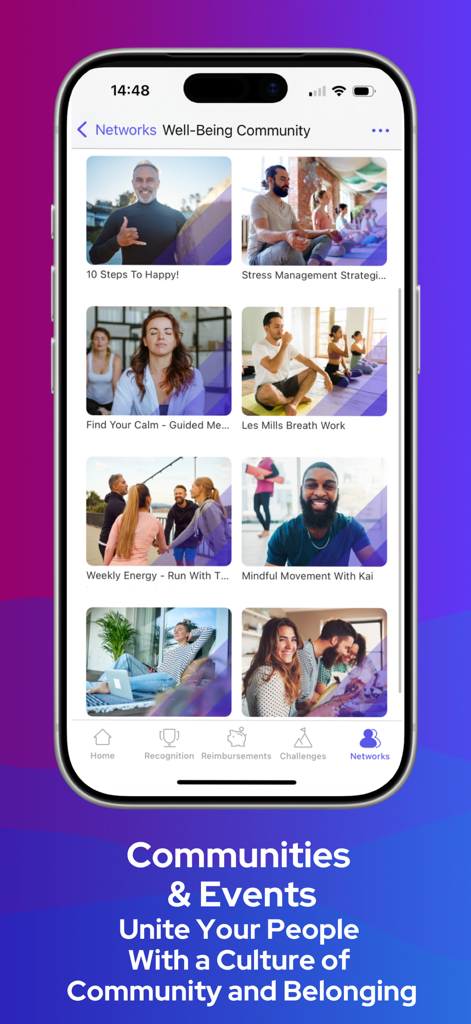 A smartphone screen displaying the Espresa app Well-Being Community section featuring various employee wellness groups and fitness classes.