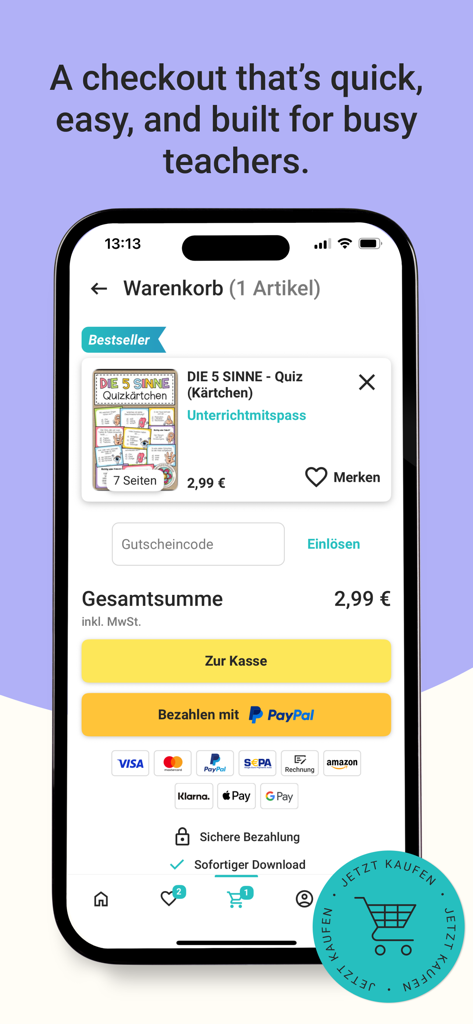 eduki: Teaching materials - Écran de paiement de l'application eduki montrant divers modes de paiement pour le matériel pédagogique