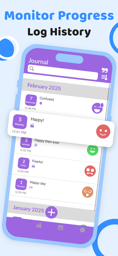 iPhone interface showing a chronological list of journal entries with dates and mood emojis